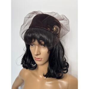 Vintage 1950s Betmar Brown Velvet Pillbox Hat with Veil & Jewel Accent